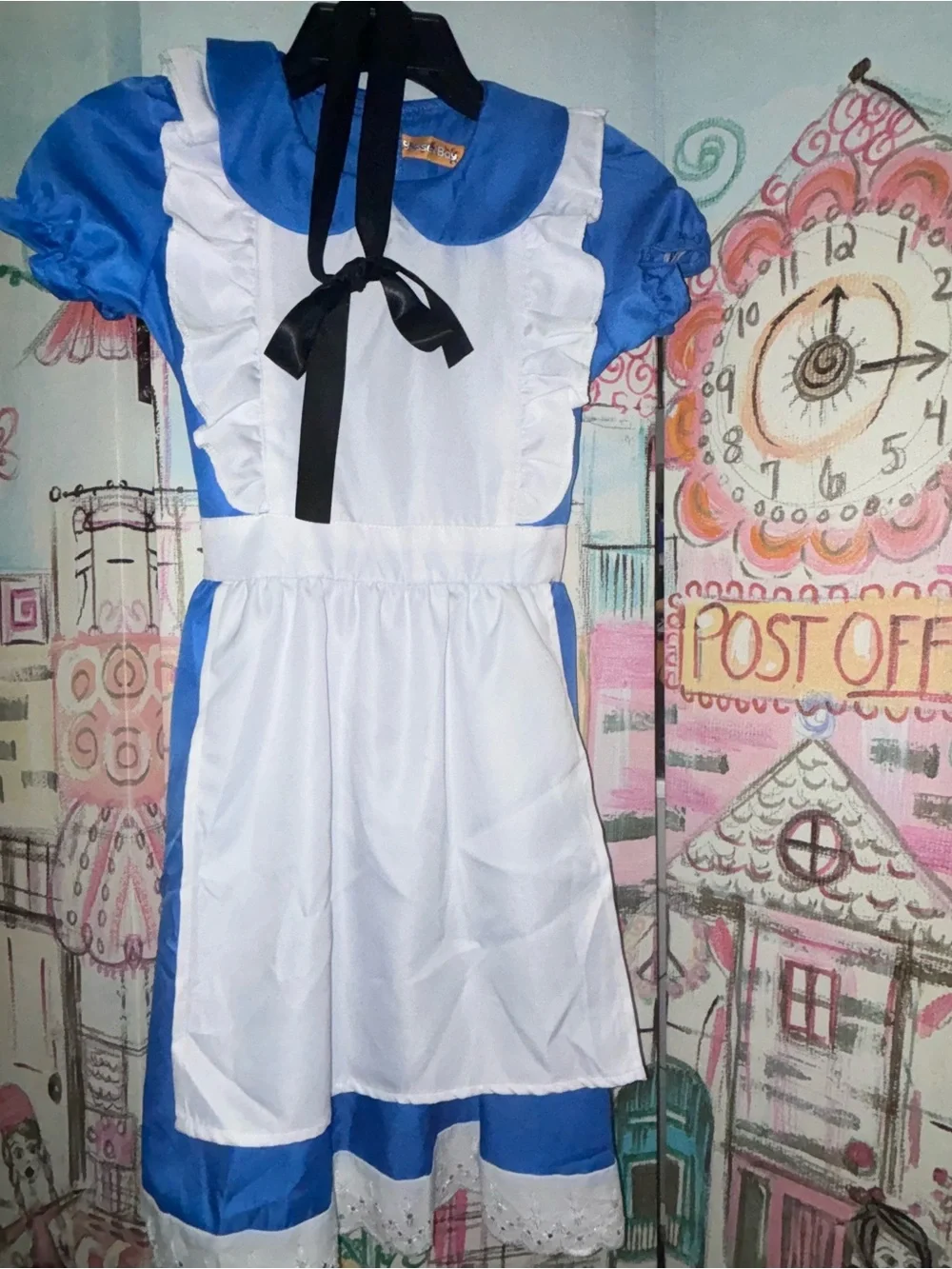 Blue & White Alice in Wonderland Girls Costume Dress w Black Bow 130 cm (7-8)